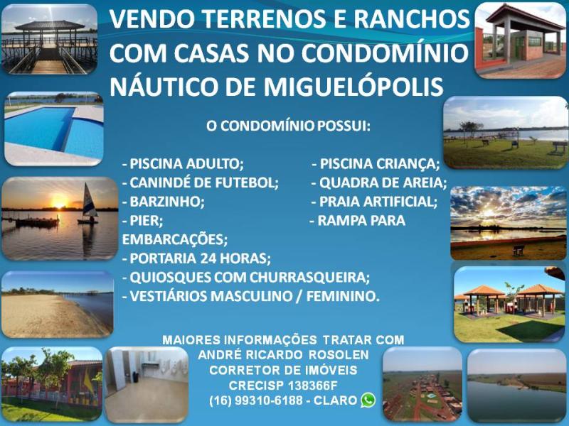 VENDO TERRENOS E RANCHOS COM CASAS NO CONDOMÍNIO NÁUTICO DE MIGUELÓPOLIS