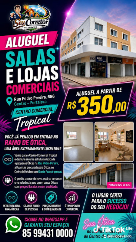 Sala Comercial para Alugar no Centro de Fortaleza a partir de R$ 350,00 por mês | Centro Comercial Tropical Endereço: Rua Pedro Pereira, 686, Centro, Fortaleza – CE, CEP 60035-000.