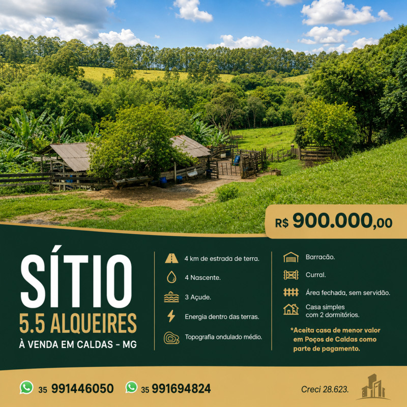 Sítio 5.5 Alqueires à venda em Caldas – MG. R$900.000,00.