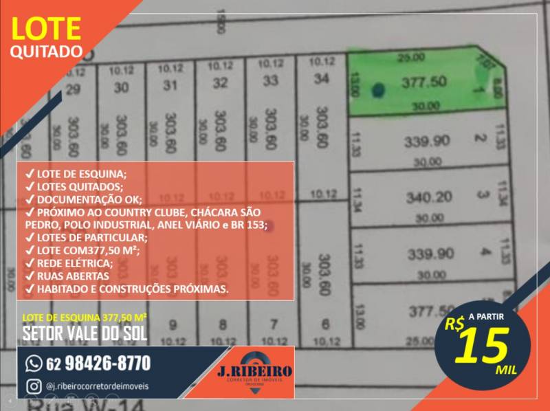Lote Quitado de esquina com 377,50 m² em Aparecida de Goiânia